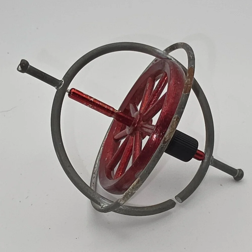 Vintage Gyroscope Physics Toy Small Red Silver Fair Condition Spins Smooth